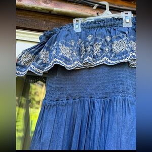 Embroidered Blue Off-Shoulder Dress With Faux Jean Style